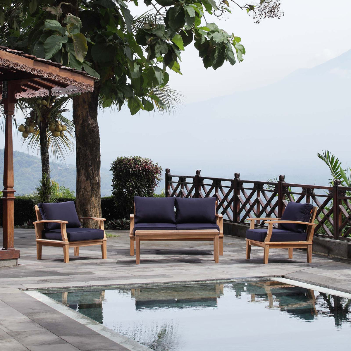 Marina 4 Piece Two Armchair Outdoor Patio Teak Set - BUILDMYPLACE