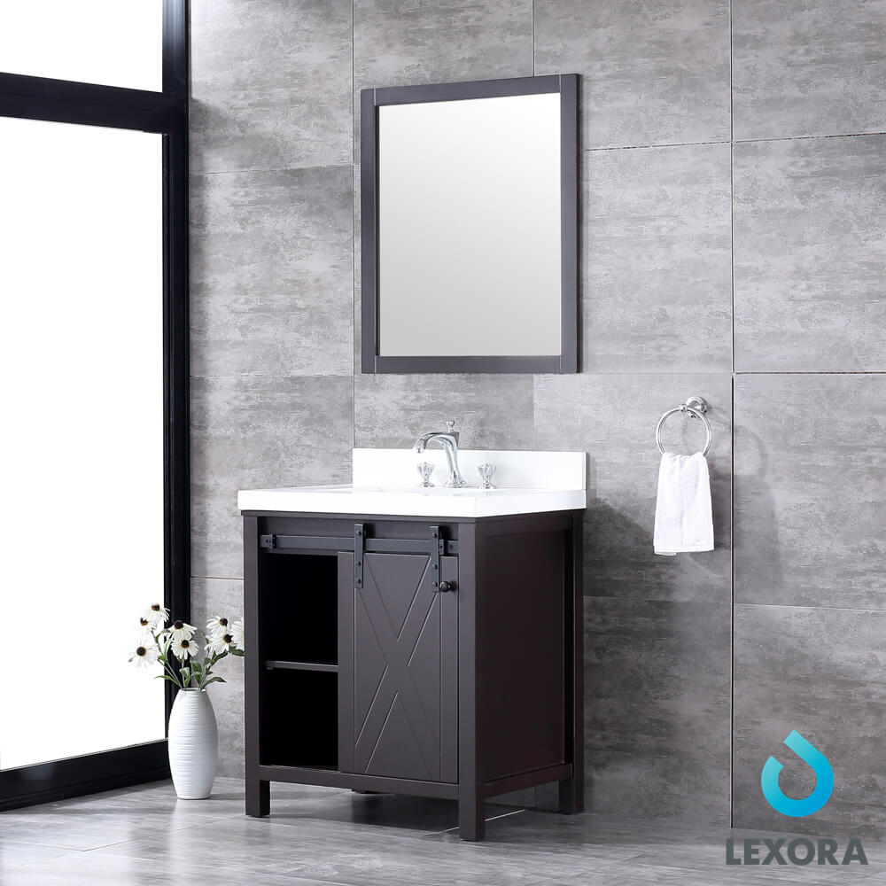 Marsyas 30" Brown Single Vanity, White Quartz Top, White Square Sink and 28" Mirror w/ Faucet