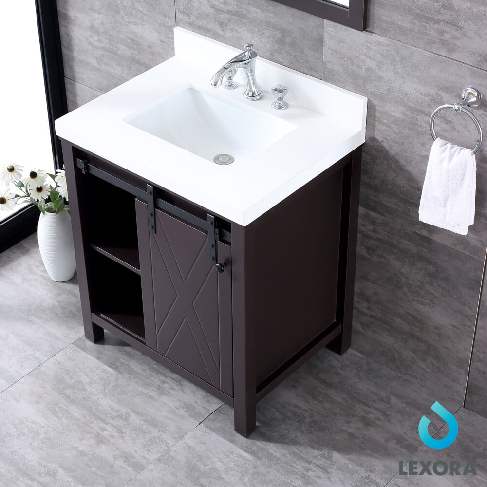 Marsyas 30" Brown Single Vanity, White Quartz Top, White Square Sink and 28" Mirror w/ Faucet