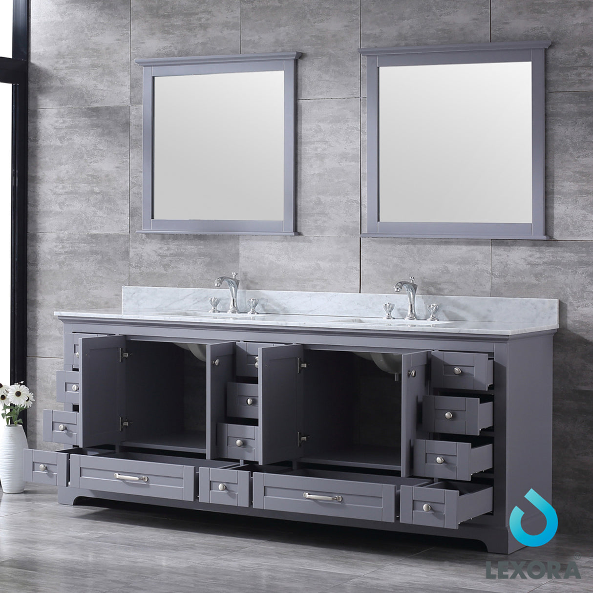 Dukes 84" Dark Grey Double Vanity, White Carrara Marble Top, White Square Sinks and 34" Mirrors w/ Faucets