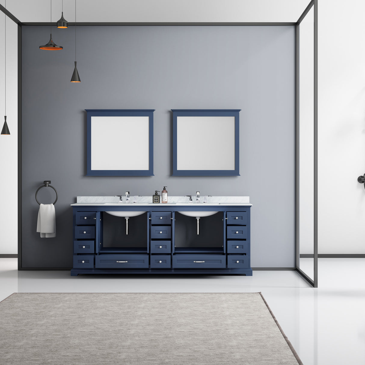Dukes 84" Navy Blue Double Vanity, White Carrara Marble Top, White Square Sinks and 34" Mirrors