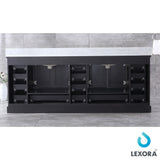 Dukes 84" Espresso Double Vanity, White Carrara Marble Top, White Square Sinks and 34" Mirrors w/ Faucets