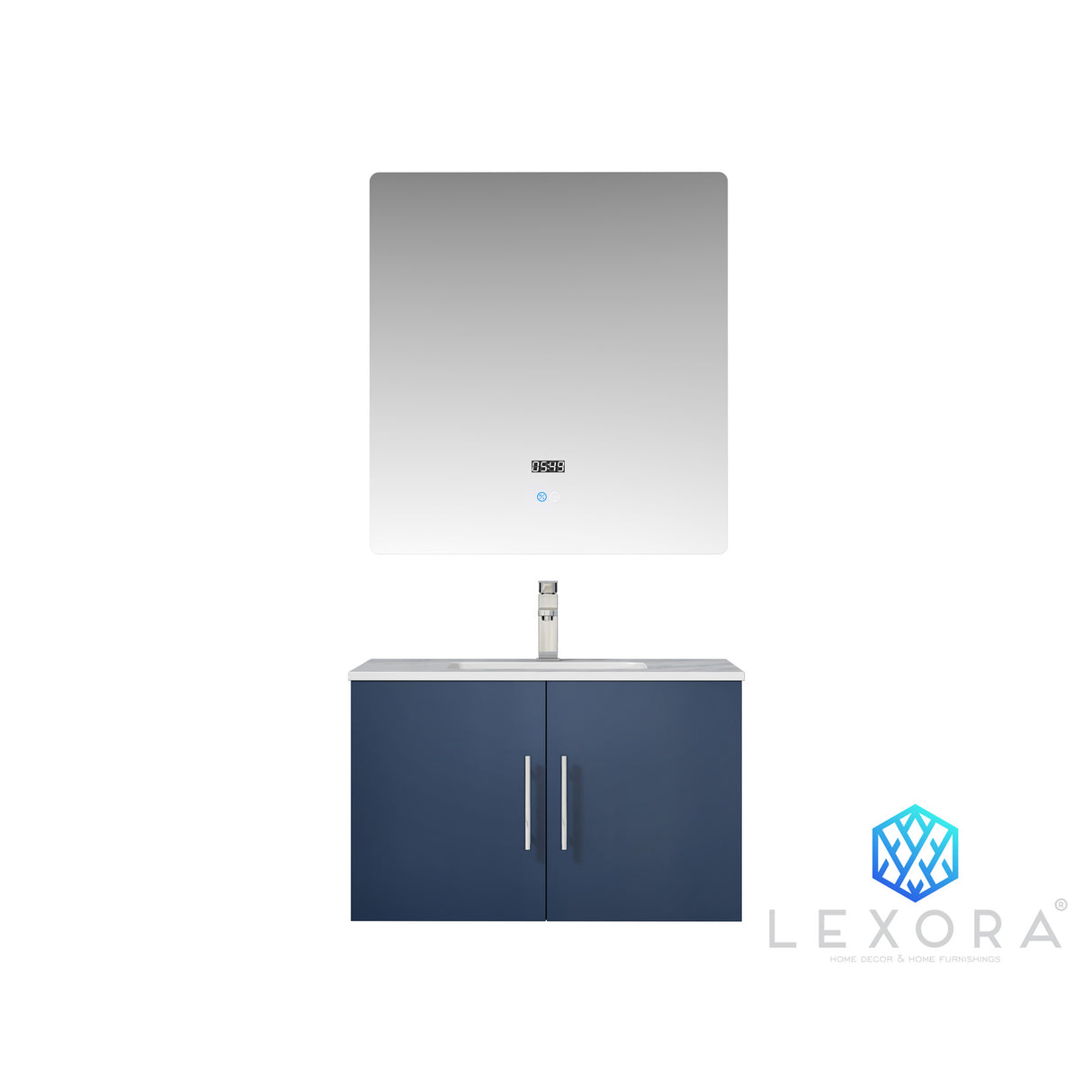 Geneva 30" Navy Blue Single Vanity, White Carrara Marble Top, White Square Sink and 30" LED Mirror w/ Faucet