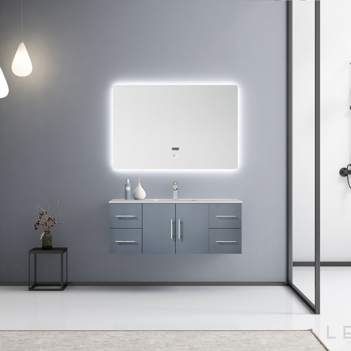Geneva 48" Dark Grey Single Vanity, White Carrara Marble Top, White Square Sink and 48" LED Mirror w/ Faucet