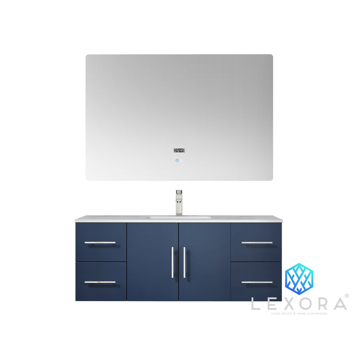 Geneva 48" Navy Blue Single Vanity, White Carrara Marble Top, White Square Sink and 48" LED Mirror w/ Faucet