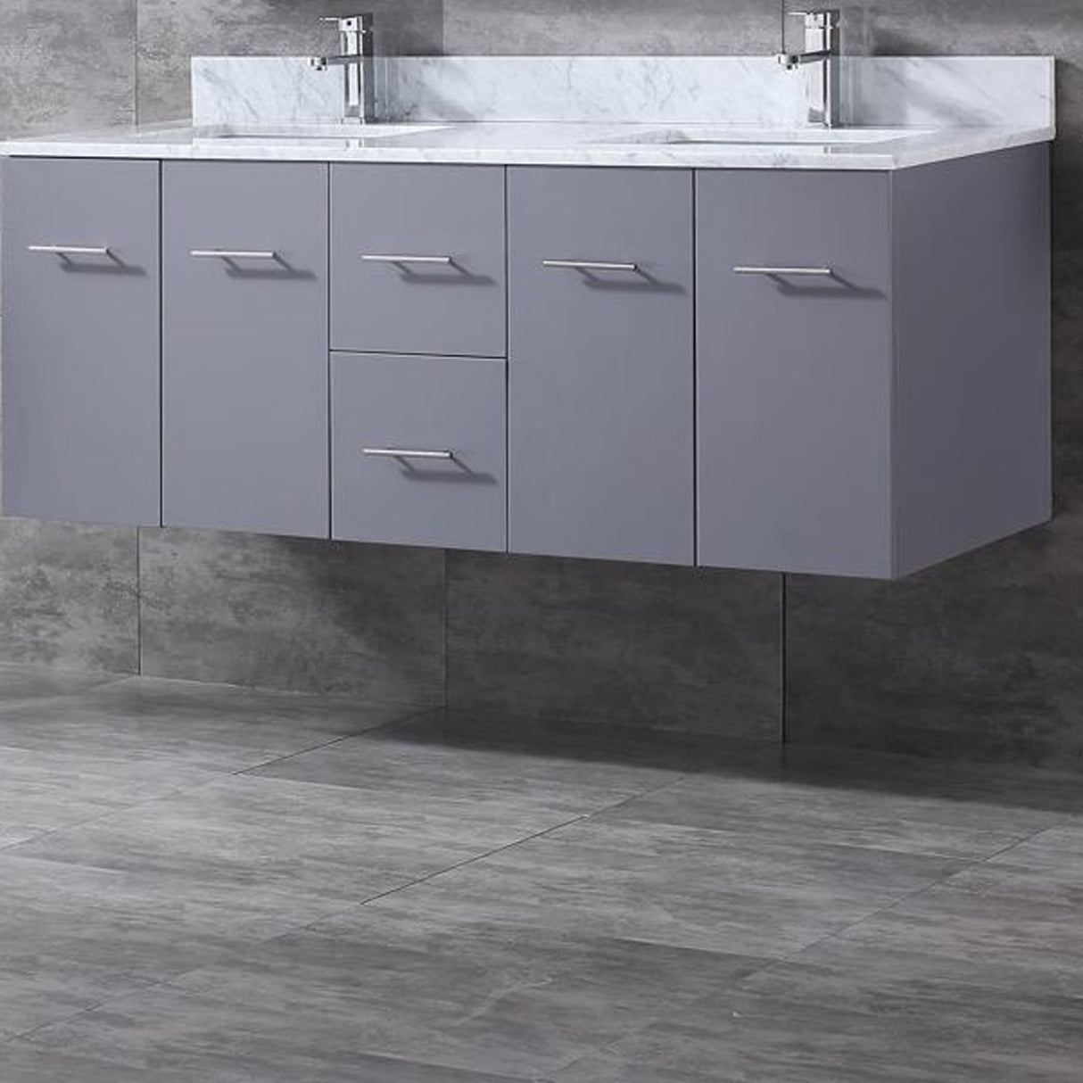 Geneva 60" Dark Grey Double Vanity, White Carrara Marble Top, White Square Sinks and 60" LED Mirror