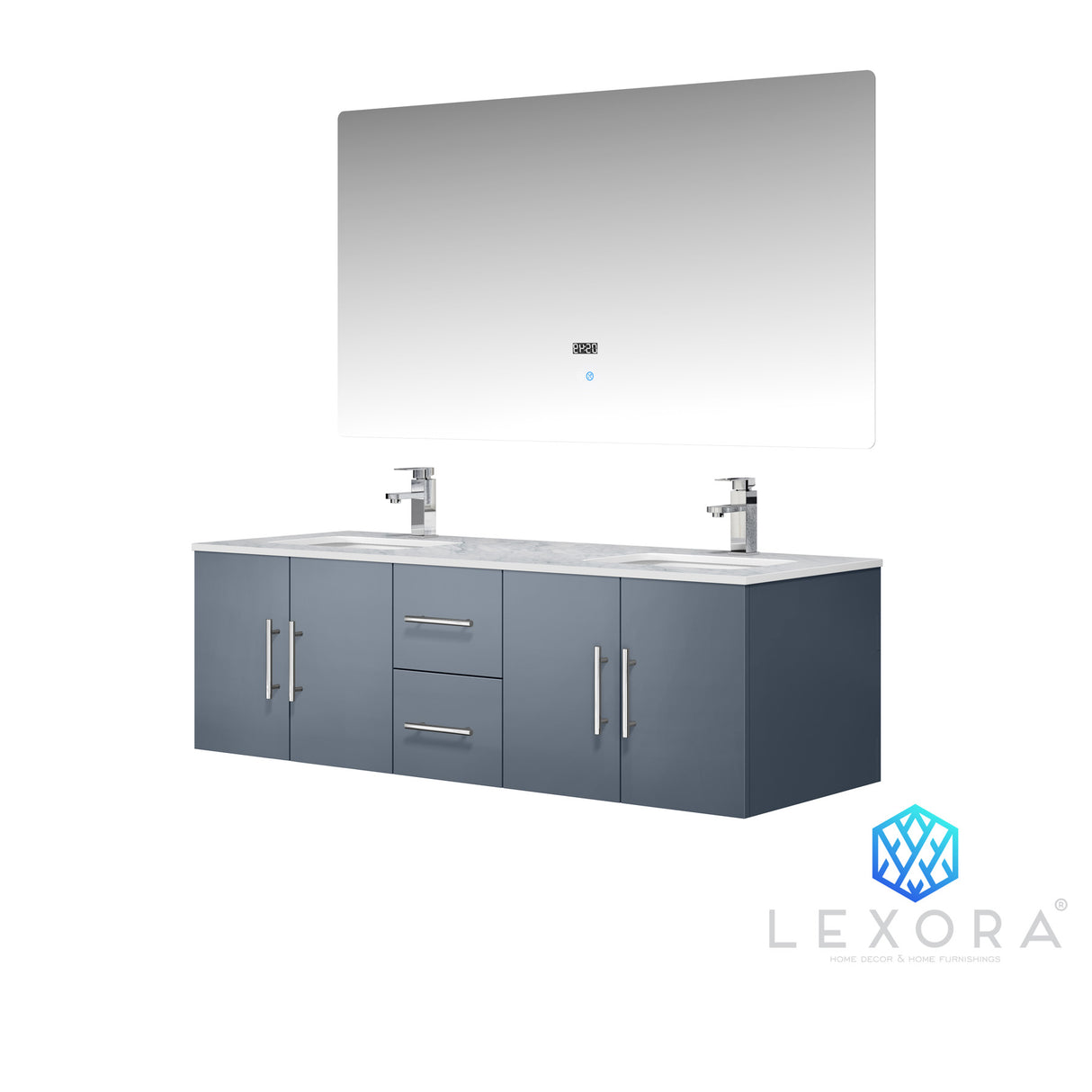 Geneva 60" Dark Grey Double Vanity, White Carrara Marble Top, White Square Sinks and 60" LED Mirror