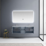 Geneva 60" Dark Grey Double Vanity, White Carrara Marble Top, White Square Sinks and 60" LED Mirror