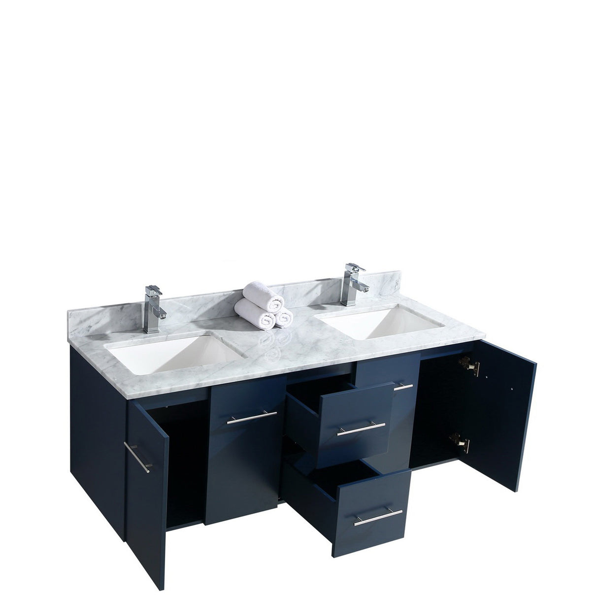 Geneva 60" Navy Blue Double Vanity, White Carrara Marble Top, White Square Sinks and 60" LED Mirror