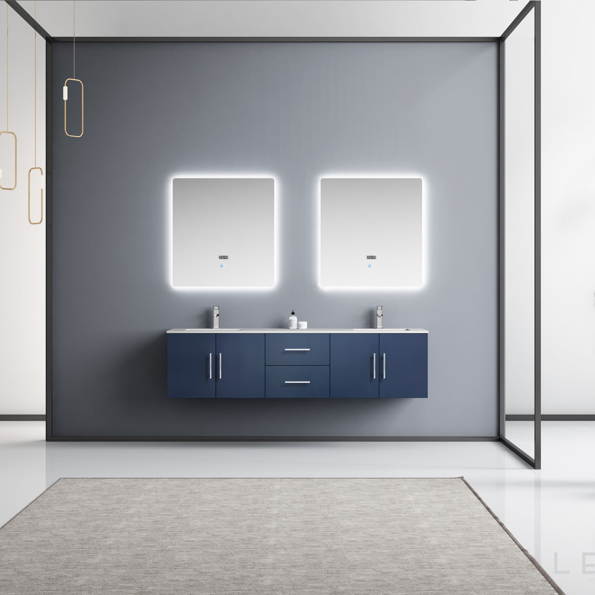 Geneva 72" Navy Blue Double Vanity, White Carrara Marble Top, White Square Sinks and 30" LED Mirrors w/ Faucets