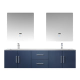 Geneva 72" Navy Blue Double Vanity, White Carrara Marble Top, White Square Sinks and 30" LED Mirrors w/ Faucets