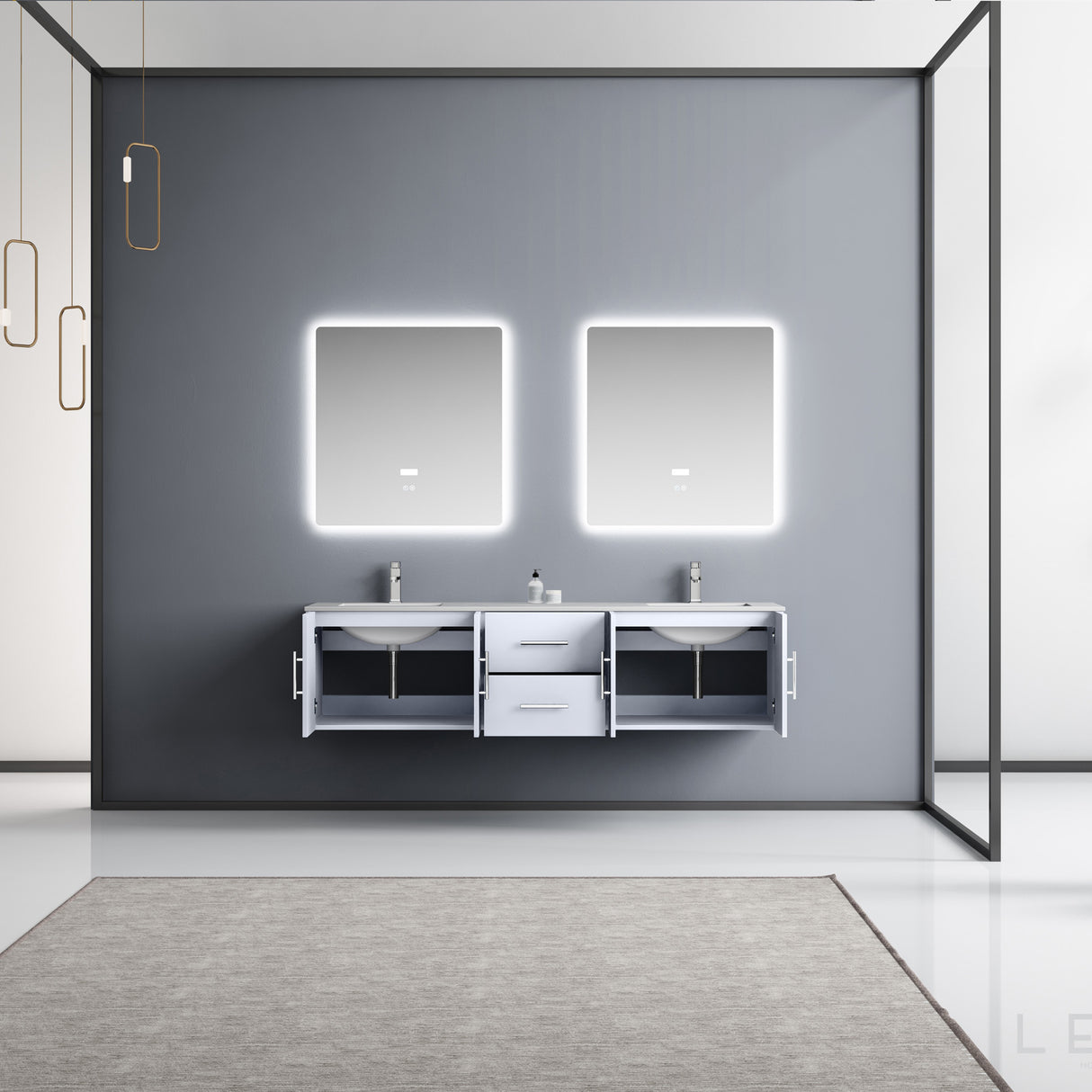 Geneva 72" Glossy White Double Vanity, White Carrara Marble Top, White Square Sinks and 30" LED Mirrors w/ Faucets