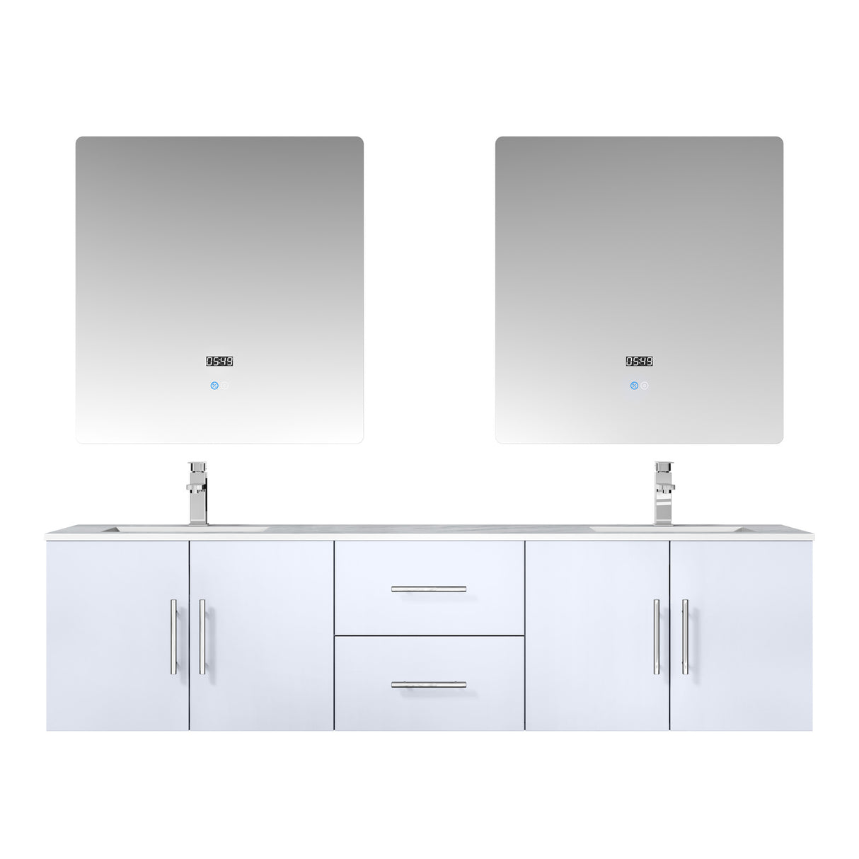 Geneva 72" Glossy White Double Vanity, White Carrara Marble Top, White Square Sinks and 30" LED Mirrors w/ Faucets