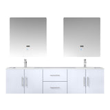 Geneva 72" Glossy White Double Vanity, White Carrara Marble Top, White Square Sinks and 30" LED Mirrors w/ Faucets