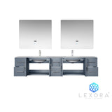 Geneva 84" Dark Grey Double Vanity, White Carrara Marble Top, White Square Sinks and 36" LED Mirrors w/ Faucets