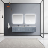 Geneva 84" Dark Grey Double Vanity, White Carrara Marble Top, White Square Sinks and 36" LED Mirrors w/ Faucets