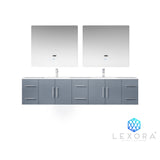 Geneva 84" Dark Grey Double Vanity, White Carrara Marble Top, White Square Sinks and 36" LED Mirrors