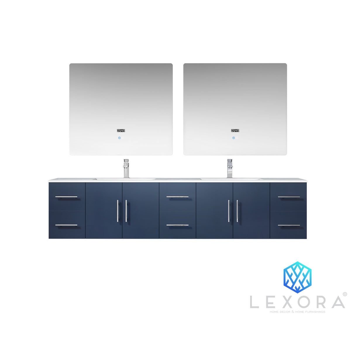 Geneva 84" Navy Blue Double Vanity, White Carrara Marble Top, White Square Sinks and 36" LED Mirrors w/ Faucets