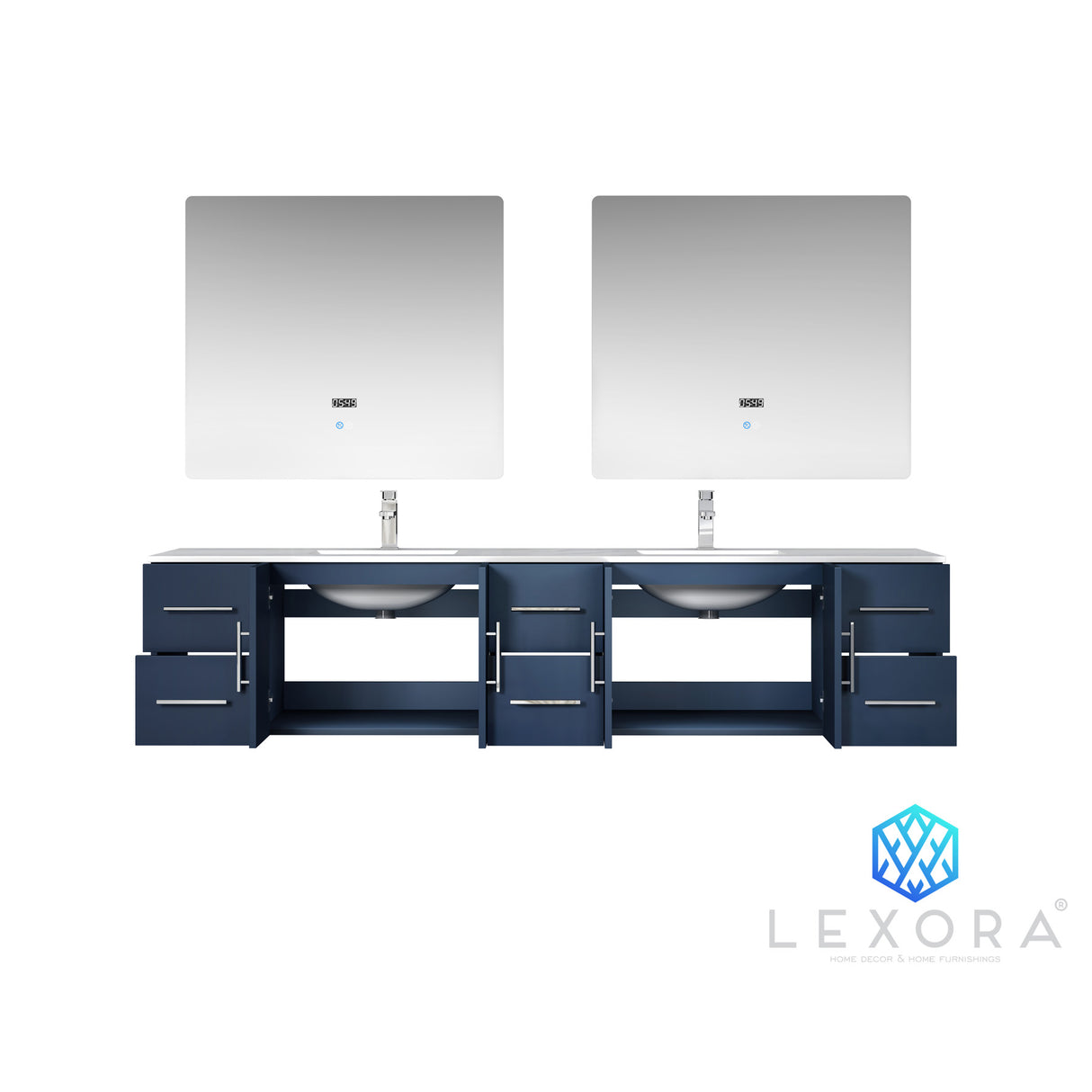 Geneva 84" Navy Blue Double Vanity, White Carrara Marble Top, White Square Sinks and 36" LED Mirrors w/ Faucets