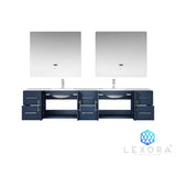Geneva 84" Navy Blue Double Vanity, White Carrara Marble Top, White Square Sinks and 36" LED Mirrors w/ Faucets