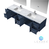Geneva 84" Navy Blue Double Vanity, White Carrara Marble Top, White Square Sinks and 36" LED Mirrors w/ Faucets