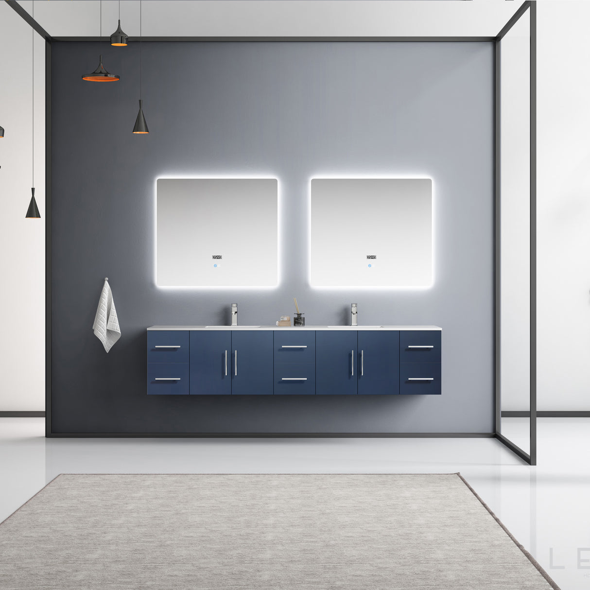 Geneva 84" Navy Blue Double Vanity, White Carrara Marble Top, White Square Sinks and 36" LED Mirrors w/ Faucets