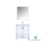 Jacques 30" White Single Vanity, White Carrara Marble Top, White Square Sink and 28" Mirror