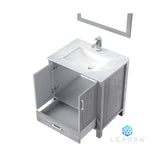 Jacques 30" Distressed Grey Single Vanity, White Carrara Marble Top, White Square Sink and 28" Mirror
