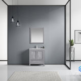 Jacques 30" Distressed Grey Single Vanity, White Carrara Marble Top, White Square Sink and 28" Mirror