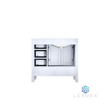 Jacques 36" White Single Vanity, White Carrara Marble Top, White Square Sink and 34" Mirror w/ Faucet - Left Version