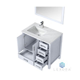 Jacques 36" White Single Vanity, White Carrara Marble Top, White Square Sink and 34" Mirror w/ Faucet - Left Version