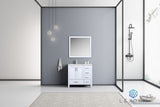 Jacques 36" White Single Vanity, White Carrara Marble Top, White Square Sink and 34" Mirror w/ Faucet - Left Version