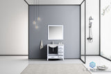 Jacques 36" White Single Vanity, White Carrara Marble Top, White Square Sink and 34" Mirror w/ Faucet - Left Version