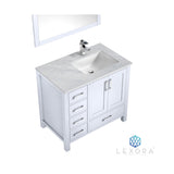 Jacques 36" White Single Vanity, White Carrara Marble Top, White Square Sink and 34" Mirror - Right Version