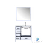 Jacques 36" White Single Vanity, White Carrara Marble Top, White Square Sink and 34" Mirror - Right Version