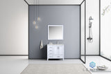 Jacques 36" White Single Vanity, White Carrara Marble Top, White Square Sink and 34" Mirror w/ Faucet - Right Version