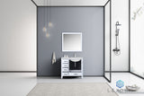 Jacques 36" White Single Vanity, White Carrara Marble Top, White Square Sink and 34" Mirror w/ Faucet - Right Version