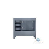 Jacques 36" Dark Grey Single Vanity, White Carrara Marble Top, White Square Sink and 34" Mirror w/ Faucet - Left Version