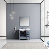 Jacques 36" Dark Grey Single Vanity, White Carrara Marble Top, White Square Sink and 34" Mirror - Left Version