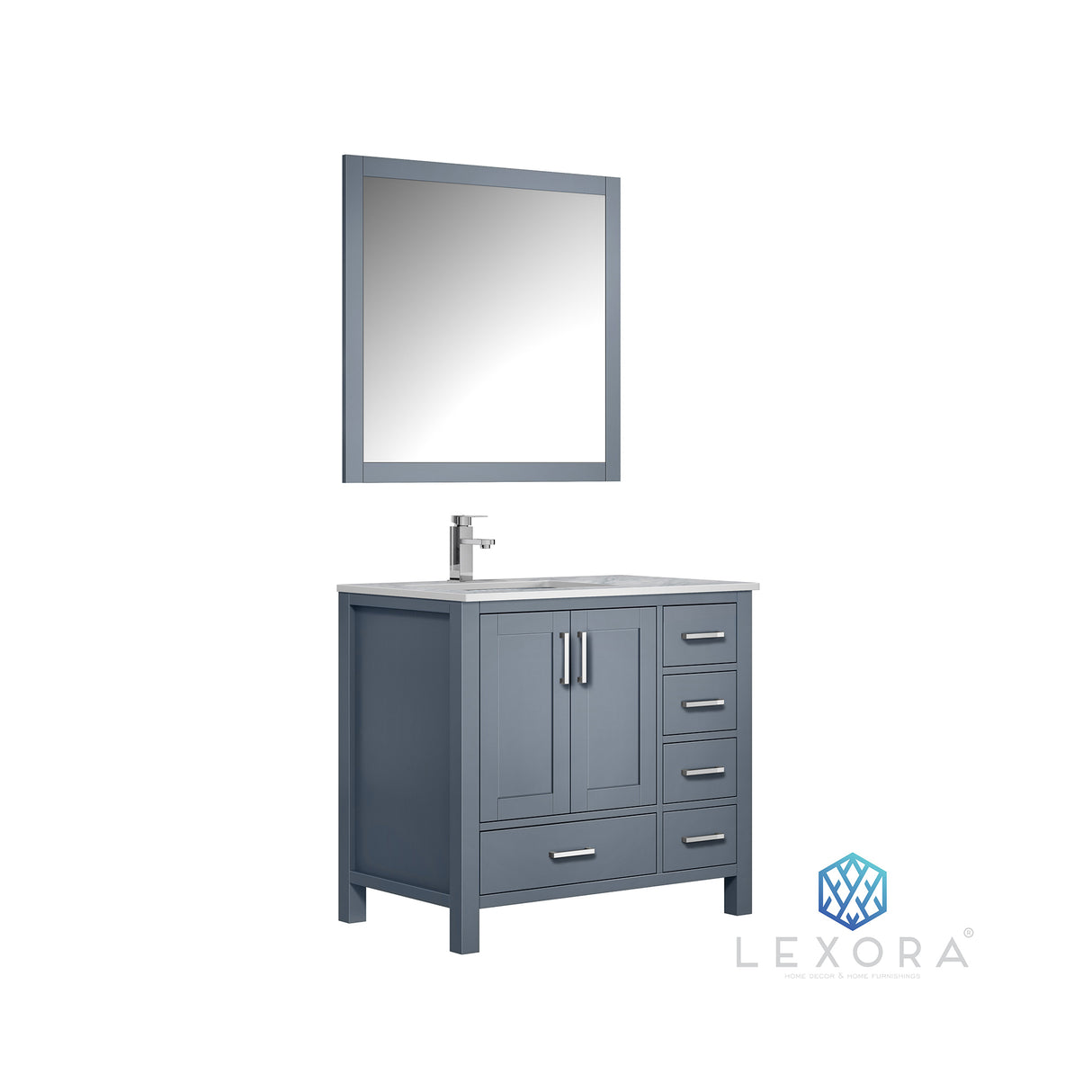 Jacques 36" Dark Grey Single Vanity, White Carrara Marble Top, White Square Sink and 34" Mirror w/ Faucet - Left Version