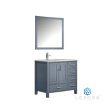 Jacques 36" Dark Grey Single Vanity, White Carrara Marble Top, White Square Sink and 34" Mirror w/ Faucet - Left Version