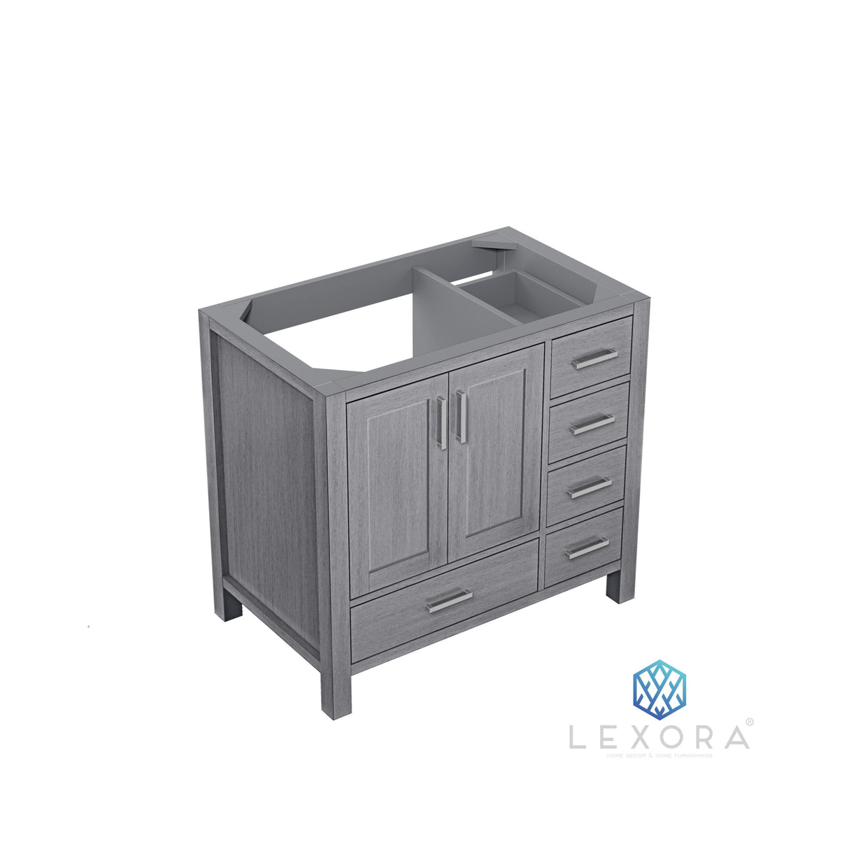 Jacques 36" Distressed Grey Single Vanity, White Carrara Marble Top, White Square Sink and 34" Mirror w/ Faucet - Left Version