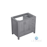 Jacques 36" Distressed Grey Single Vanity, White Carrara Marble Top, White Square Sink and 34" Mirror w/ Faucet - Left Version
