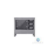 Jacques 36" Distressed Grey Single Vanity, White Carrara Marble Top, White Square Sink and 34" Mirror w/ Faucet - Right Version