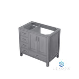 Jacques 36" Distressed Grey Single Vanity, White Carrara Marble Top, White Square Sink and 34" Mirror w/ Faucet - Right Version