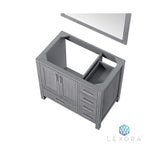 Jacques 36" Distressed Grey Single Vanity, White Carrara Marble Top, White Square Sink and 34" Mirror w/ Faucet - Left Version