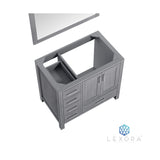 Jacques 36" Distressed Grey Single Vanity, White Carrara Marble Top, White Square Sink and 34" Mirror w/ Faucet - Right Version