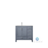 Jacques 36" Dark Grey Single Vanity, White Carrara Marble Top, White Square Sink and 34" Mirror w/ Faucet - Left Version