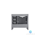 Jacques 36" Distressed Grey Single Vanity, White Carrara Marble Top, White Square Sink and 34" Mirror w/ Faucet - Left Version