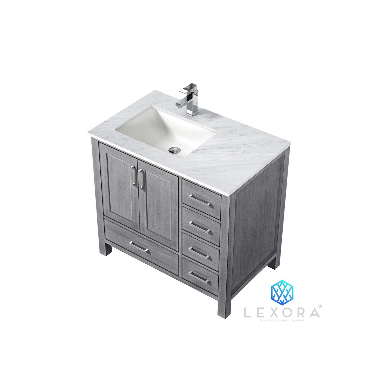 Jacques 36" Distressed Grey Single Vanity, White Carrara Marble Top, White Square Sink and 34" Mirror w/ Faucet - Left Version